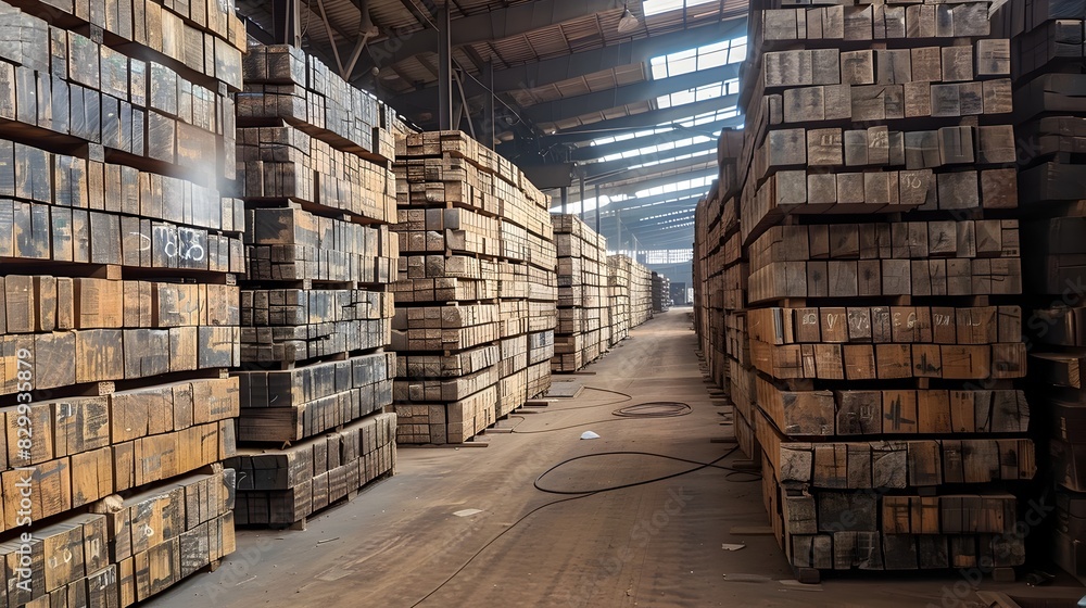Orderly Stacks of Wooden Building Materials in an Industrial Warehouse Setting Orderly Stacks of Wooden Building Materials in an Industrial Warehouse Setting