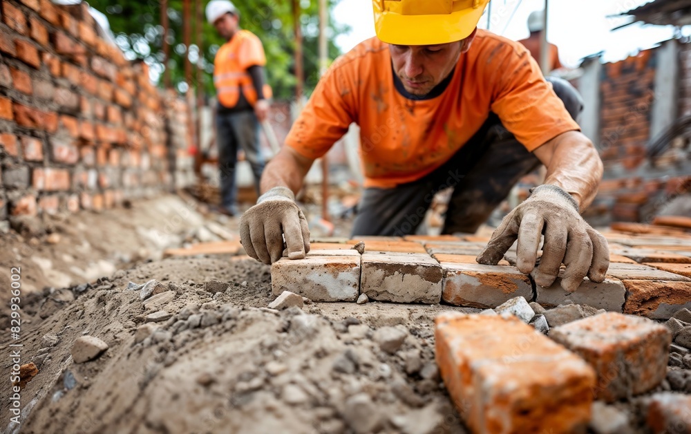 Closeup of a bricklayer in safety gear laying bricks carefully at a construction site Closeup of a bricklayer in safety gear laying bricks carefully at a construction site