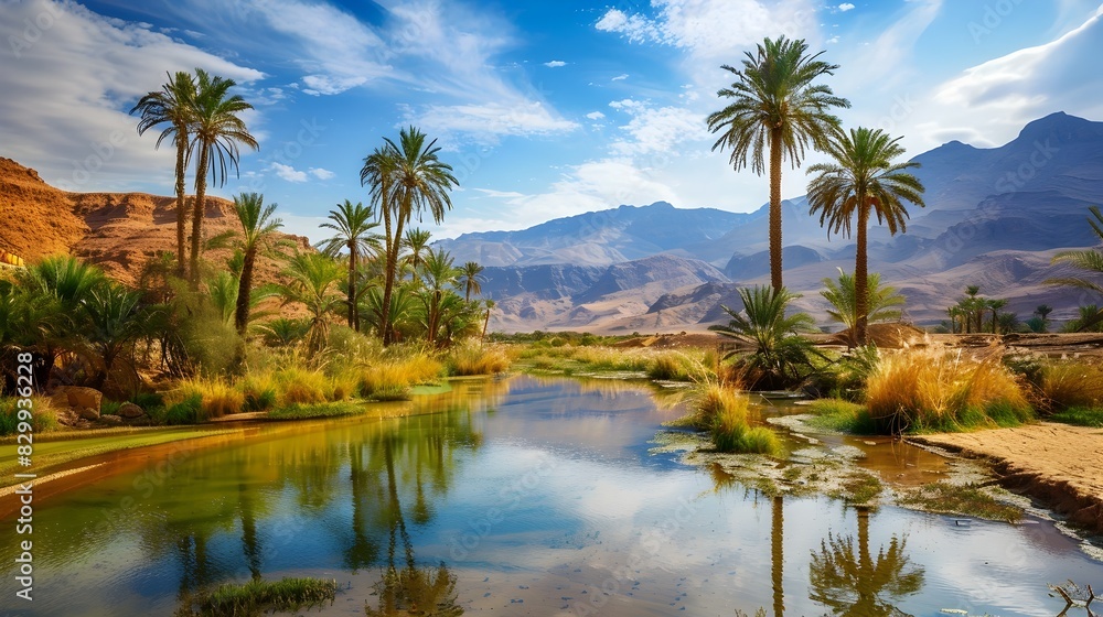 Tranquil Desert Oasis with Reflecting Pool and Swaying Palm Trees Tranquil Desert Oasis with Reflecting Pool and Swaying Palm Trees