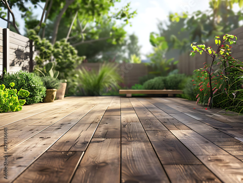 High Resolution Contemporary terrace with wooden deck flooring and fence