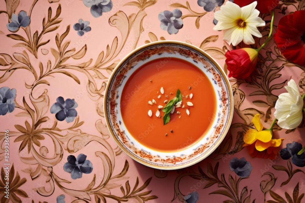 Refined gazpacho in a clay dish against a floral wallpaper background Refined gazpacho in a clay dish against a floral wallpaper background