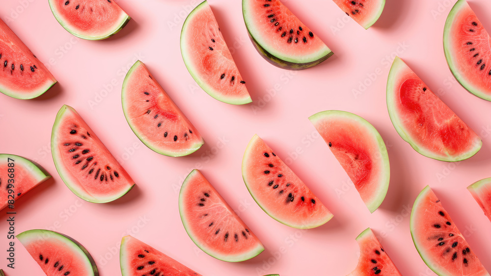 Summertime Delight: Vibrant Watermelon Slices on a Pastel Pink Canvas Summertime Delight: Vibrant Watermelon Slices on a Pastel Pink Canvas