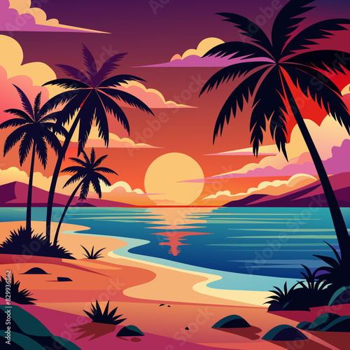 trees on the beach, Saturated sunset beach scenes with silhouetted palm trees