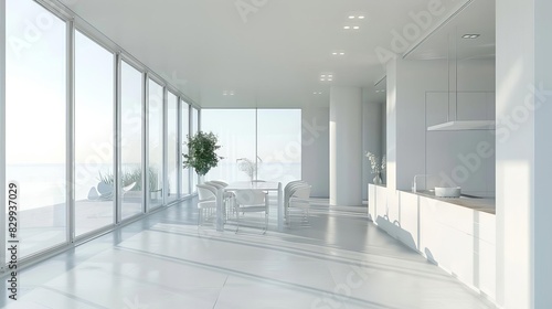 modern lightfilled kitchen interior with white furniture and dining table sleek design 3d rendering