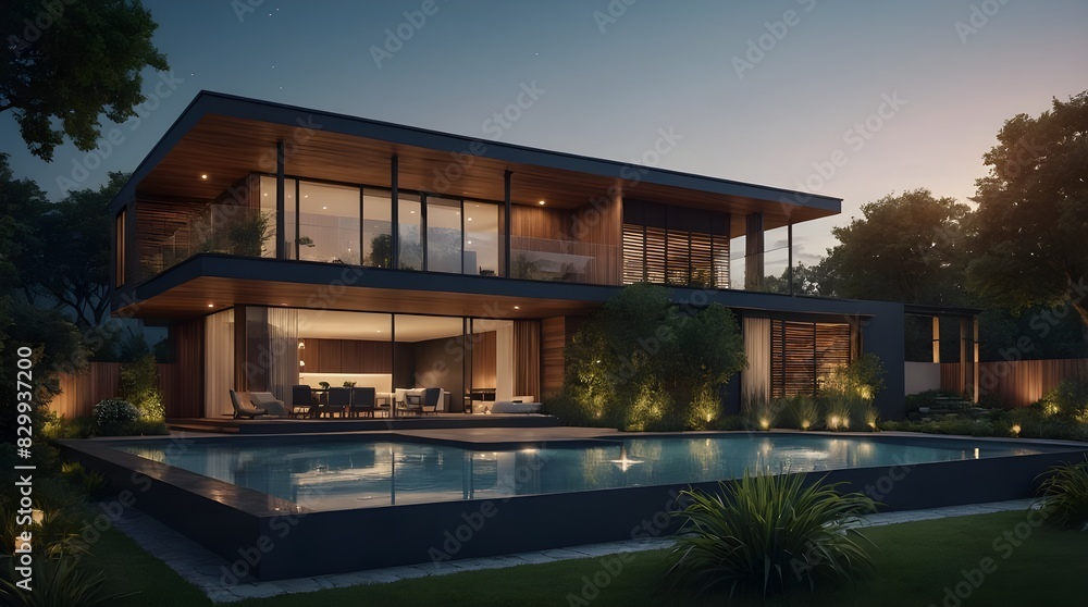 3d rendering of modern cozy house with parking and pool 3d rendering of modern cozy house with parking and pool