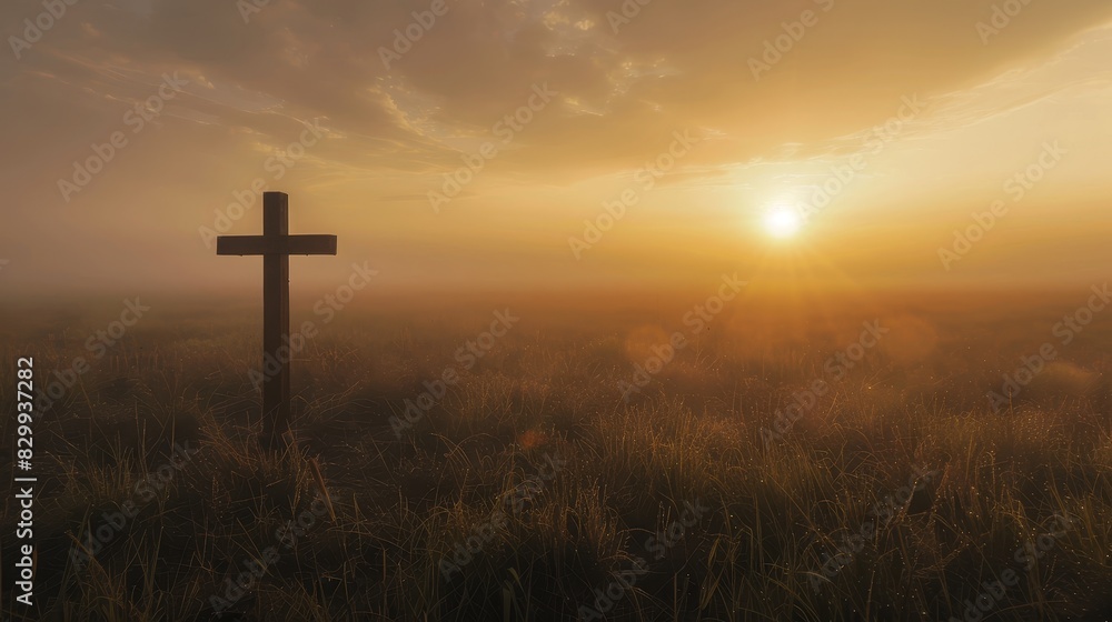 Memorial Day tribute with a solitary wooden cross in a vast field copy space, honoring heroes, realistic, silhouette against a dawn backdrop