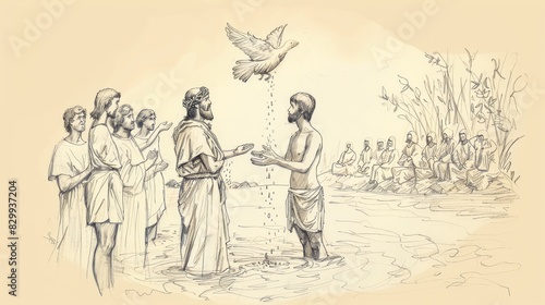 Biblical Illustration: Baptism of Jesus, Jordan River Scene, Holy Spirit Dove, John the Baptist, Beige Background, Copyspace © T Studio