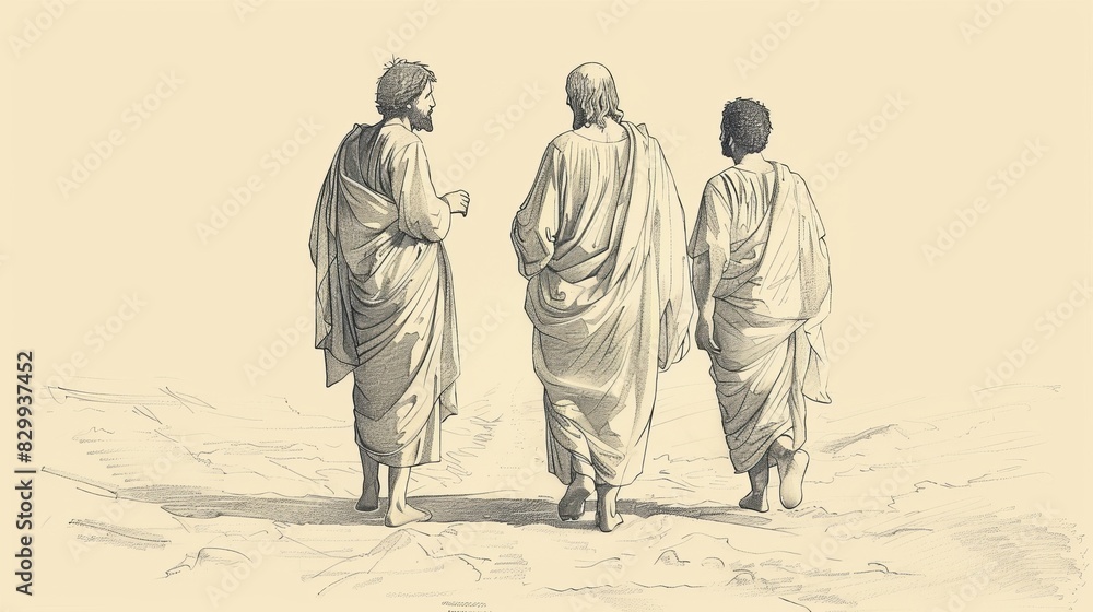 Biblical Illustration Resurrected Jesus On Road To Emmaus Disciples