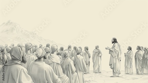 Biblical Illustration: Jesus Delivers Beatitudes, Crowd and Mountain, Beige Background, Copyspace