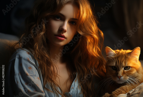 Woman Embracing Cat in Soft Lighting