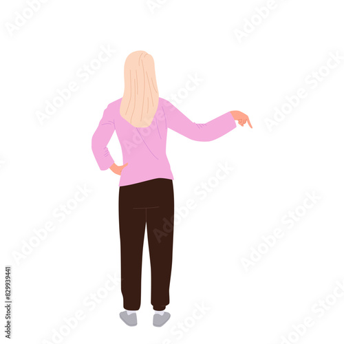 Young woman cartoon character with pointing aside gesture view from behind isolated on white