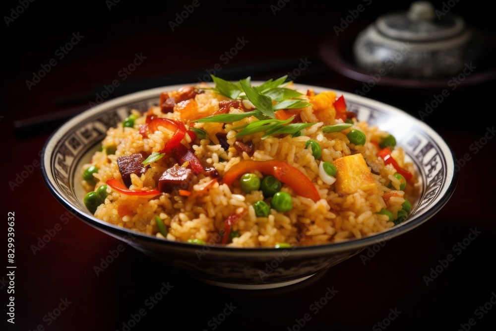 Hearty fried rice on a ceramic tile against an antique mirror background Hearty fried rice on a ceramic tile against an antique mirror background