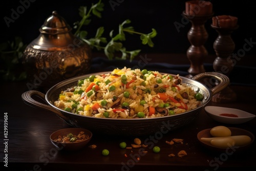 Hearty fried rice on a ceramic tile against an antique mirror background