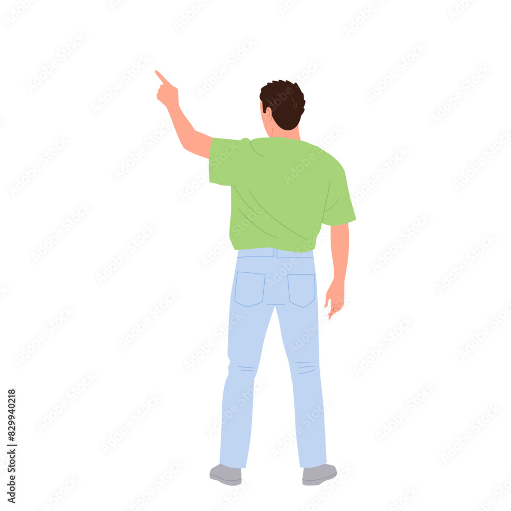 Young casual guy cartoon character pointing upward with finger standing isolated on white background