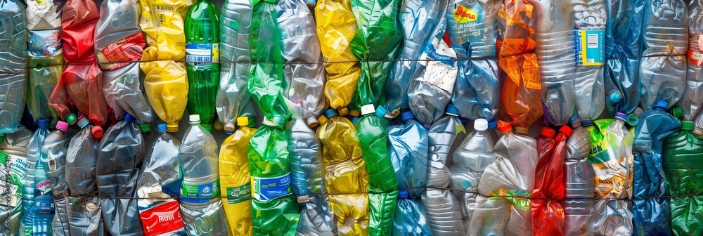Obraz premium Compressed and colorful plastic bottles in a recycling facility showing sustainability
