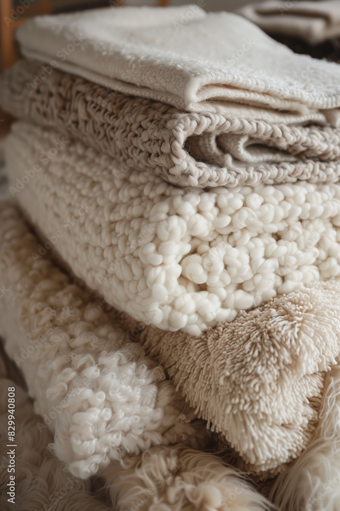 Stacked woolen blankets and pillows with various knitted textures, conveying warmth and comfort Stacked woolen blankets and pillows with various knitted textures, conveying warmth and comfort