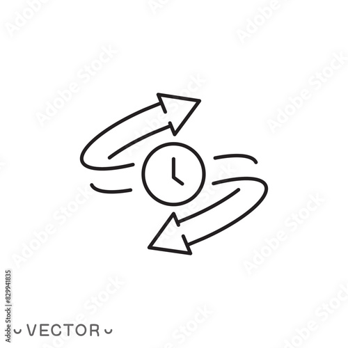 guarantee exchange time icon, clock with spin arrows, return policy, warranty service time, thin line symbol isolated on white background, editable stroke eps 10 vector illustration