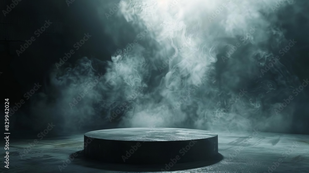 mysterious concrete platform with swirling smoke in the dark dramatic cinematic lighting 3d rendering