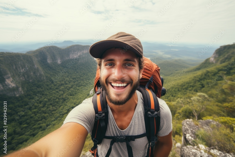 a happy person hiking in the mountain a happy person hiking in the mountain