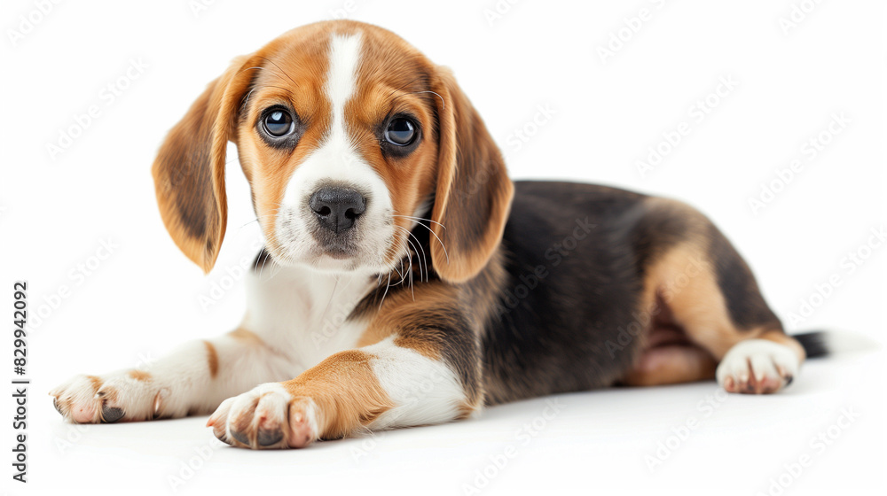 Beagle puppy in a full-body pose, looking forward with a curious expression and its head slightly tilted, on white background.