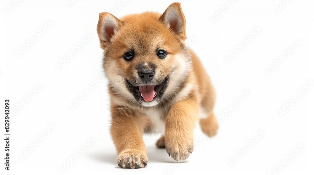 An energetic Akita Inu puppy running towards the camera, capturing the essence of its playful and lively spirit, isolated on a white background. An energetic Akita Inu puppy running towards the camera, capturing the essence of its playful and lively spirit, isolated on a white background.