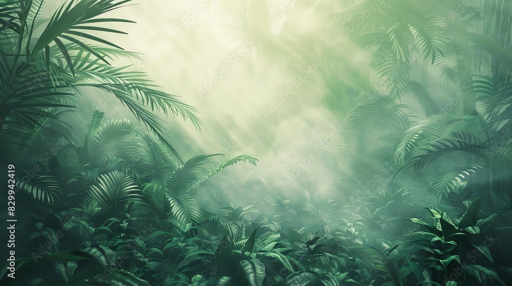mysterious foggy jungle with dense foliage and ethereal atmosphere digital illustration