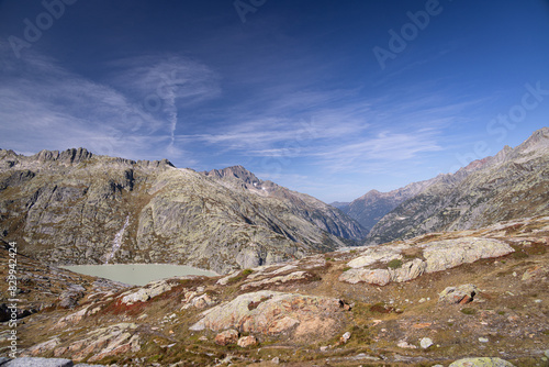 View of mountains surrounding Räterichsbodensee and Grimselsee, Switzerland	 photo