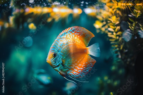 Stunning discus fish  symphysodon aequifasciatus  in aquarium with beautiful color patterns