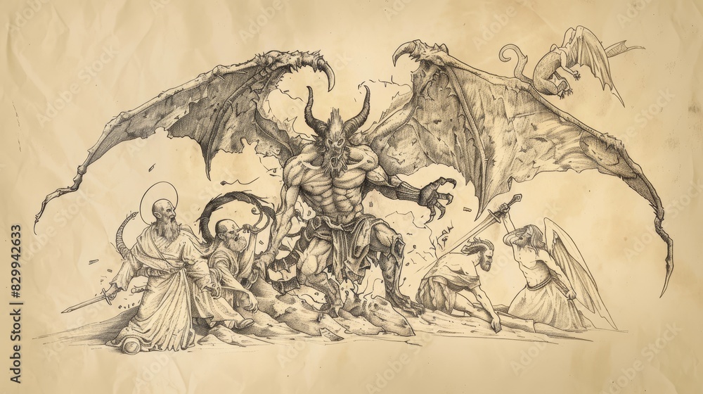 Obraz premium Biblical Illustration: Release of Satan, Final Rebellion and Defeat, Beige Background, Copyspace