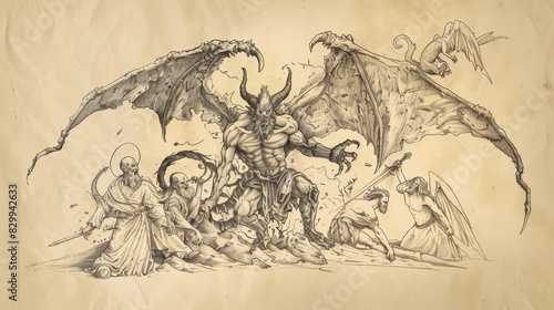 Biblical Illustration  Release of Satan  Final Rebellion and Defeat  Beige Background  Copyspace