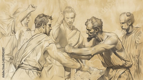 Biblical Illustration: Martyrdom of Stephen, Saul Watching, Jesus' Vision, Beige Background, Copyspace