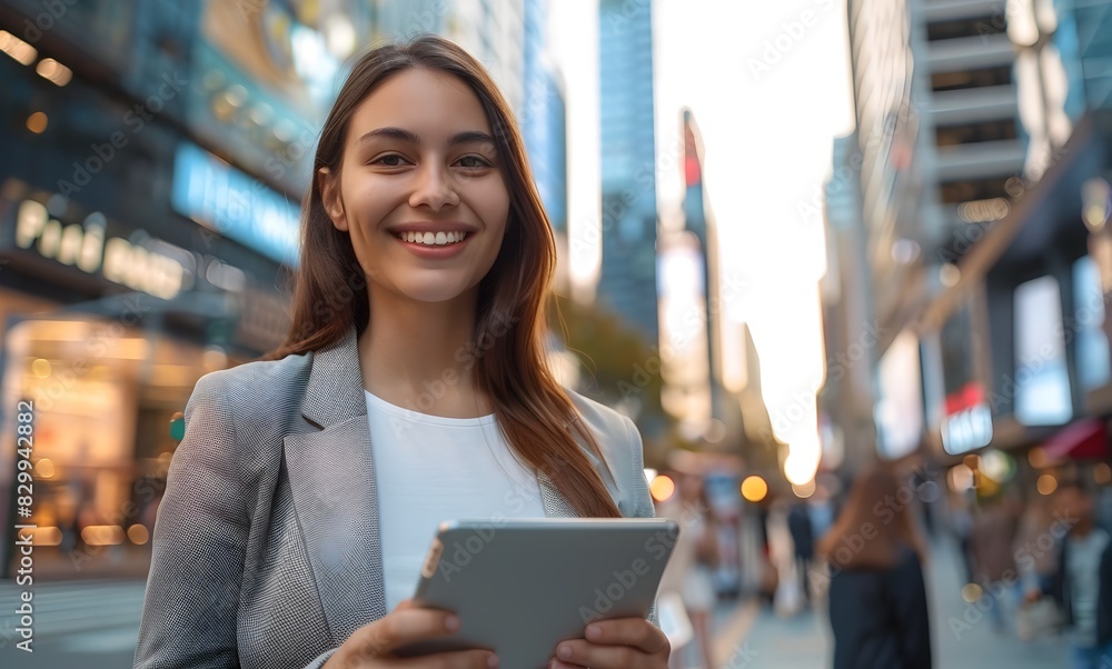 Confident Young Professional Woman Walking in Busy City with Digital Tablet Confident Young Professional Woman Walking in Busy City with Digital Tablet
