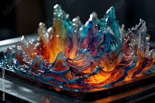 Transforming a hot mass of glass drawn from a hot oven into a work of art. The glass making process up close photo