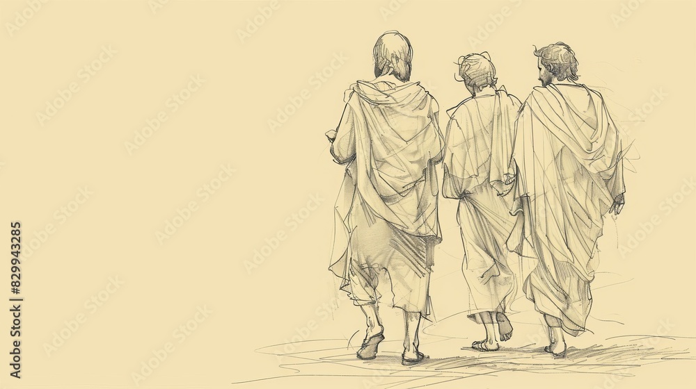 Biblical Illustration: The Road to Emmaus, Jesus with Disciples, Breaking Bread, Beige Background, Copyspace Biblical Illustration: The Road to Emmaus, Jesus with Disciples, Breaking Bread, Beige Background, Copyspace