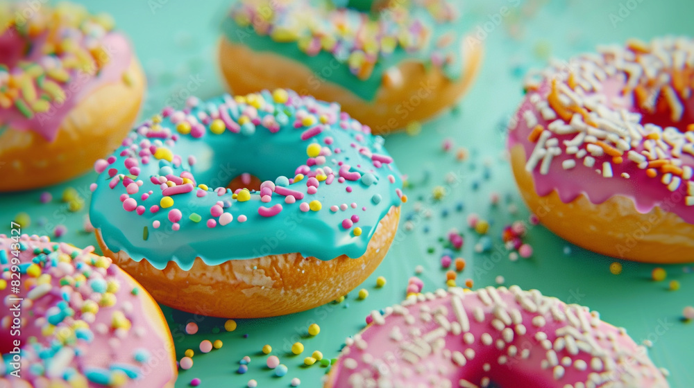 Colorful donuts, sprinkled toppings, bright green background, close-up view