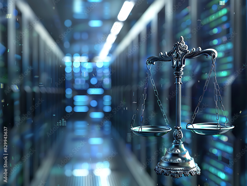 Law scales on background of data center Law scales on background of data center