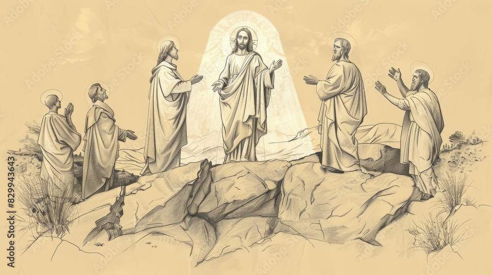 Biblical Illustration: Jesus' Transfiguration, Moses and Elijah, Disciples Watch, Mountaintop, Beige Background, Copyspace