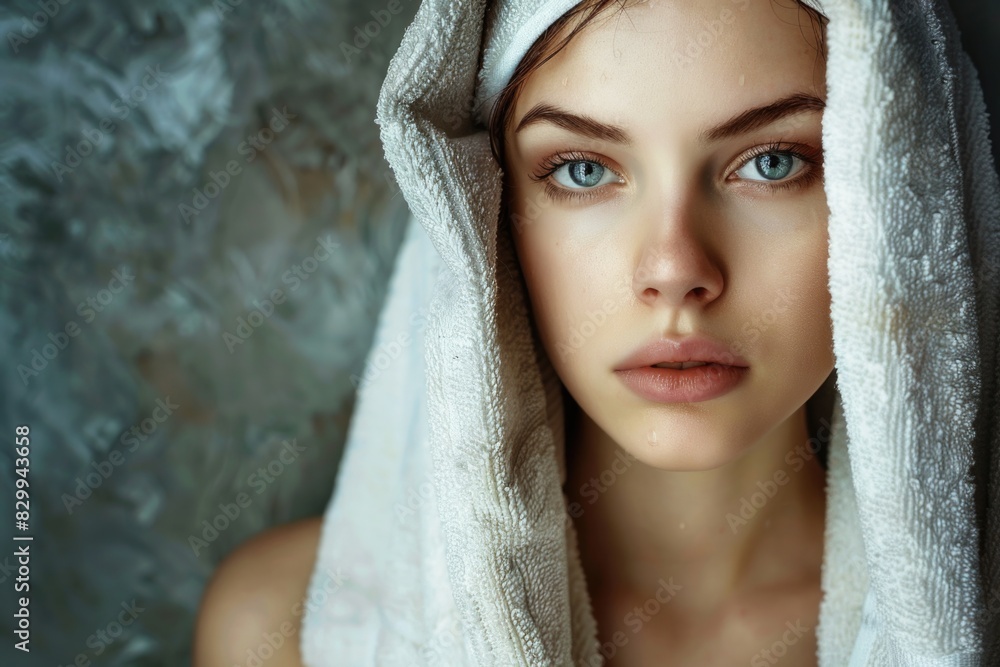 Obraz premium person with a towel in the head. beauty and care concept