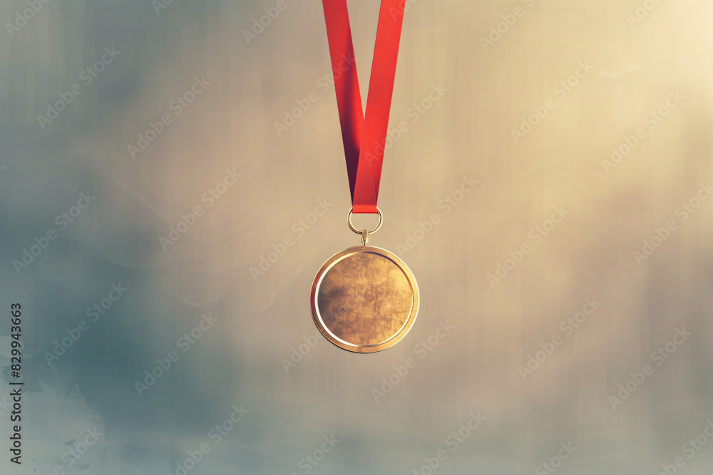 Gold medal hanging on a red ribbon, symbolizing victory and achievement Gold medal hanging on a red ribbon, symbolizing victory and achievement
