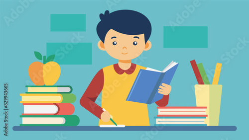 A young learner carefully ticks off textbooks workbooks and novels from their list of required school supplies.. Vector illustration