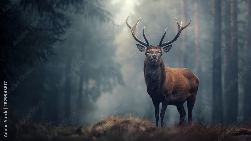 Majestic Red Deer Stands Tall in Misty Forest With Impressive Antlers Ideal for Nature Prints and Posters Majestic Red Deer Stands Tall in Misty Forest With Impressive Antlers Ideal for Nature Prints and Posters