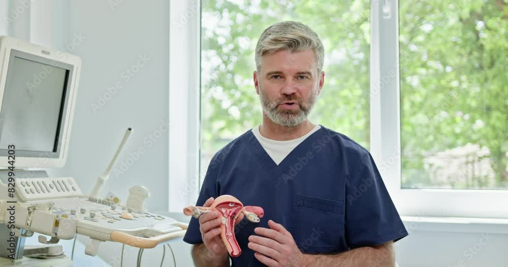 A gynecologist explaining the female reproductive system using an ...
