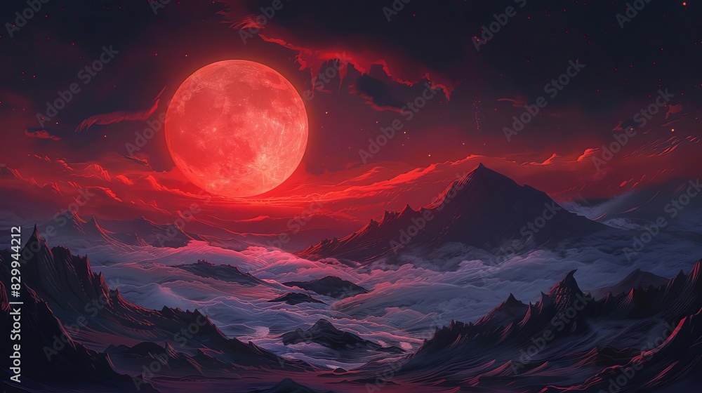 mystical red moonlit landscape surreal fantasy scenery illustration mystical red moonlit landscape surreal fantasy scenery illustration