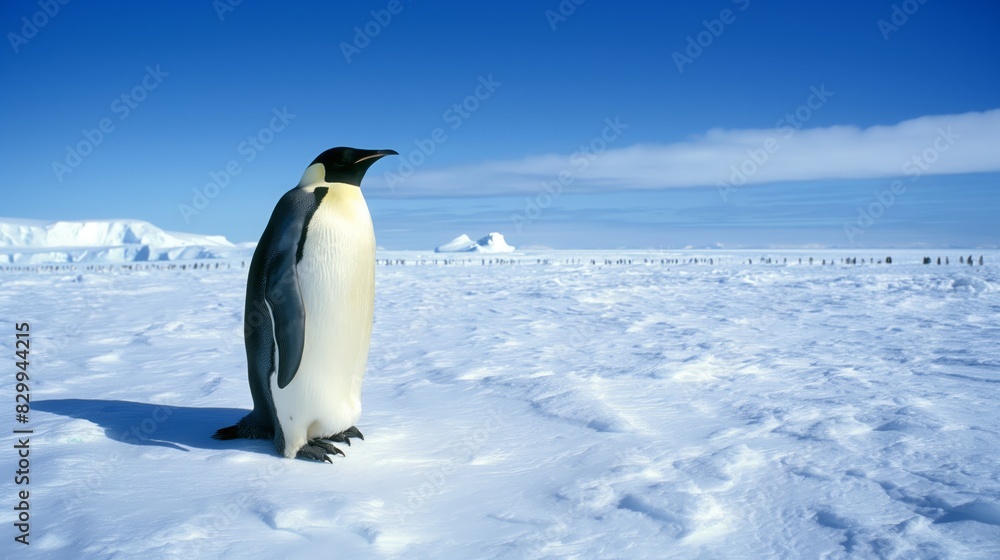 Obraz premium Emperor Penguin Standing on Icy Terrain in Antarctica Under Clear Blue Sky