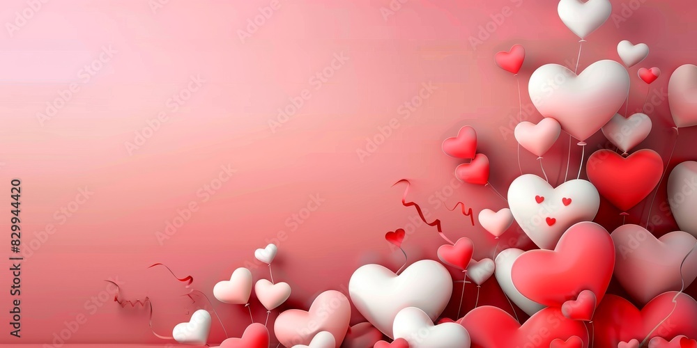 Red Heart shaped balloons composition on pink color background Red Heart shaped balloons composition on pink color background