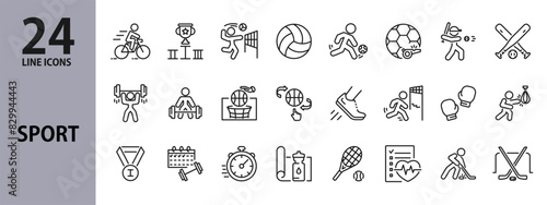 Sport line icons set with Tennis, Football, Volleyball, Basketball, Bicycle, Boxing, Baseball, Hockey, Stopwatch, Medal and more. Editable Stroke