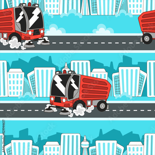 Street sweeper truck cleaning roads in the city seamless pattern