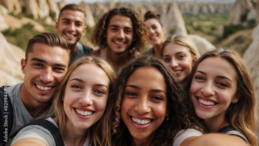 Group of friends taking a selfie in a rocky landscape, all smiling brightly, wearing casual outdoor attire, with a backdrop of unique rock formations and greenery, epitomizing joy and exploration. Group of friends taking a selfie in a rocky landscape, all smiling brightly, wearing casual outdoor attire, with a backdrop of unique rock formations and greenery, epitomizing joy and exploration.