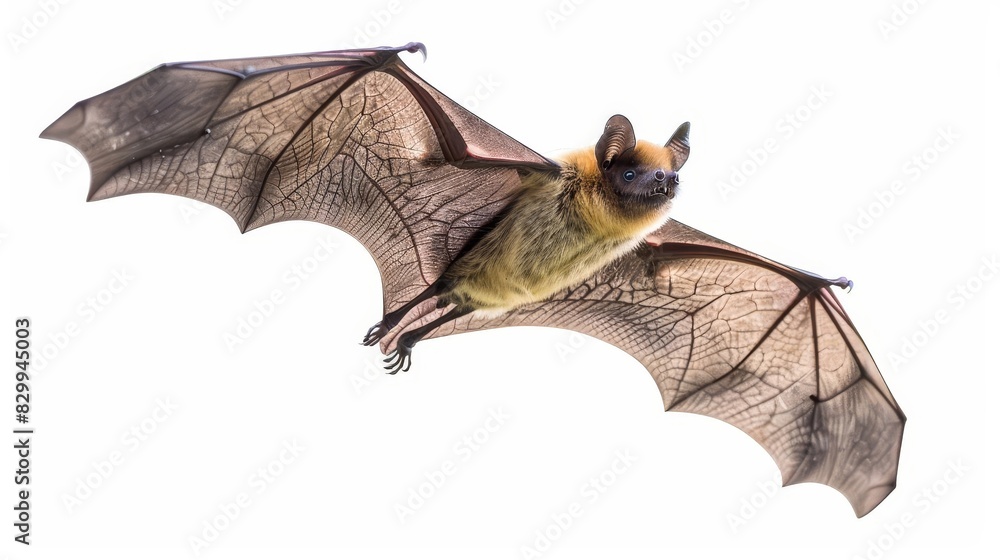 Obraz premium nocturnal winged mammal solitary flying bat isolated on crisp white background abstract photo