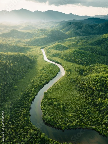 An aerial shot of a winding river cutting through a dense forest, demonstrating the vastness and untouched beauty of nature